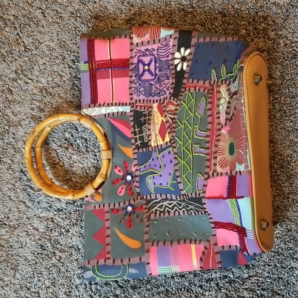 Boho multicolored handbag bamboo handles embroidered